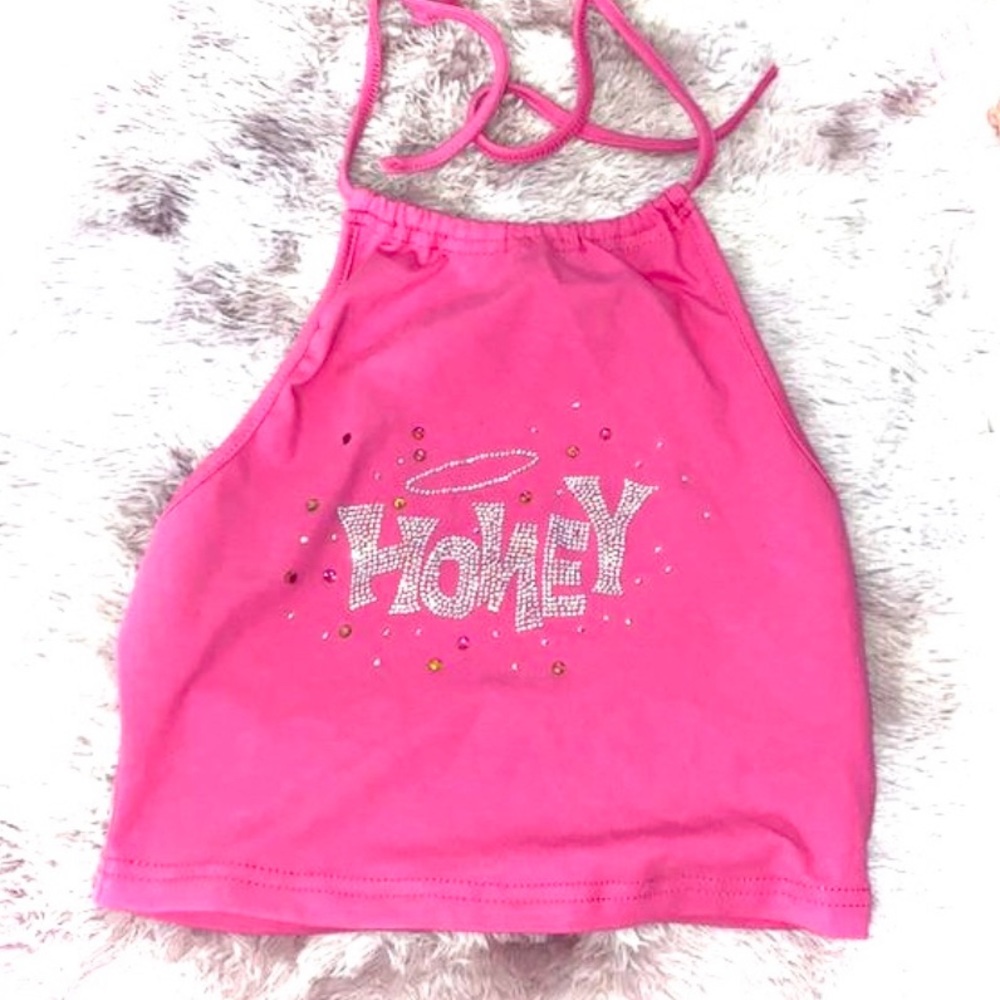 Pink “Honey” Rhinestone Detail Backless Halter Top